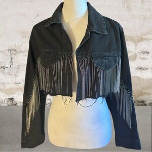 Adika Women's Black Rhinestone Fringe Denim Jacket Size Large